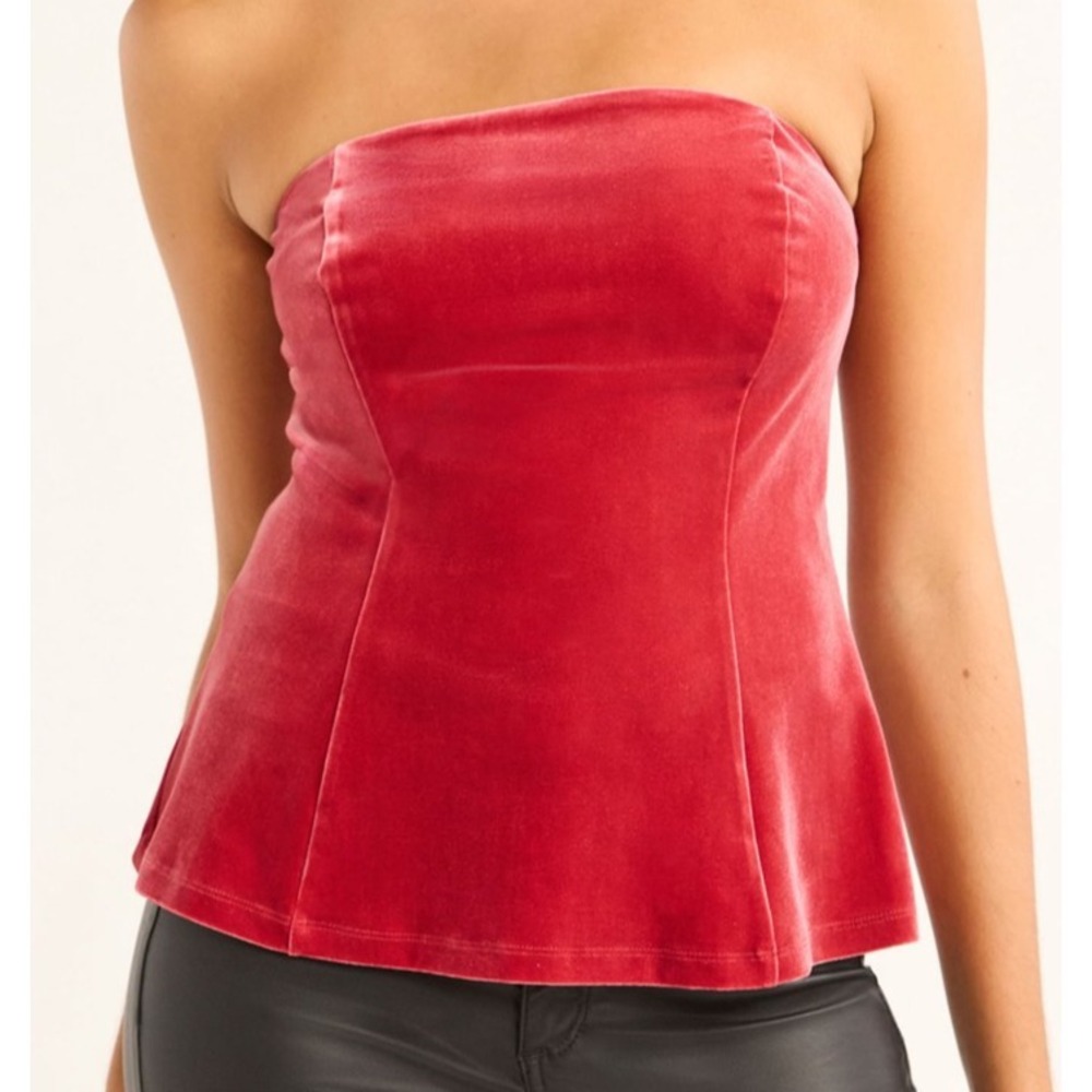 Sofia Jeans Womens Velvet Peplum Top Size S (4-6) Rio Red Strapless Side Zip